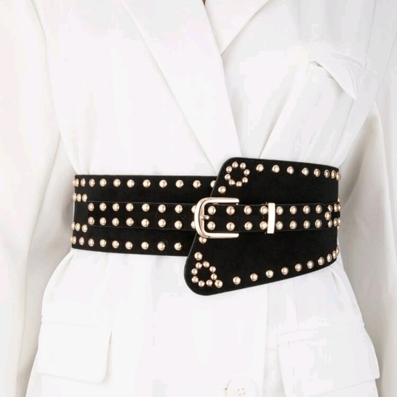 Black vegan faux suede corset gold studs punk wide boho waist belt - Picture 3 of 14